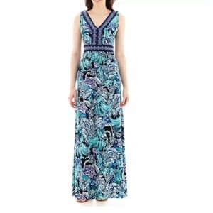 Trulli blue tropical print v neck maxi dress